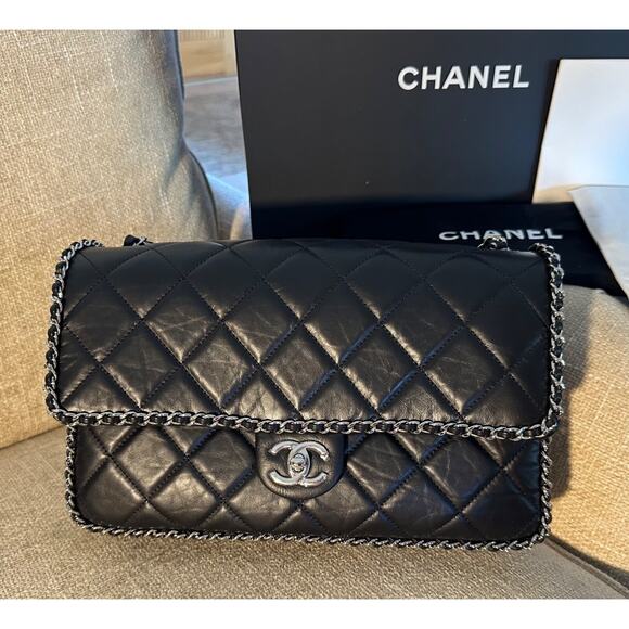 Auth CHANEL Quilted Calfskin 'Chain Around' Large Flap Handbag- Black - NEW - Picture 2 of 15